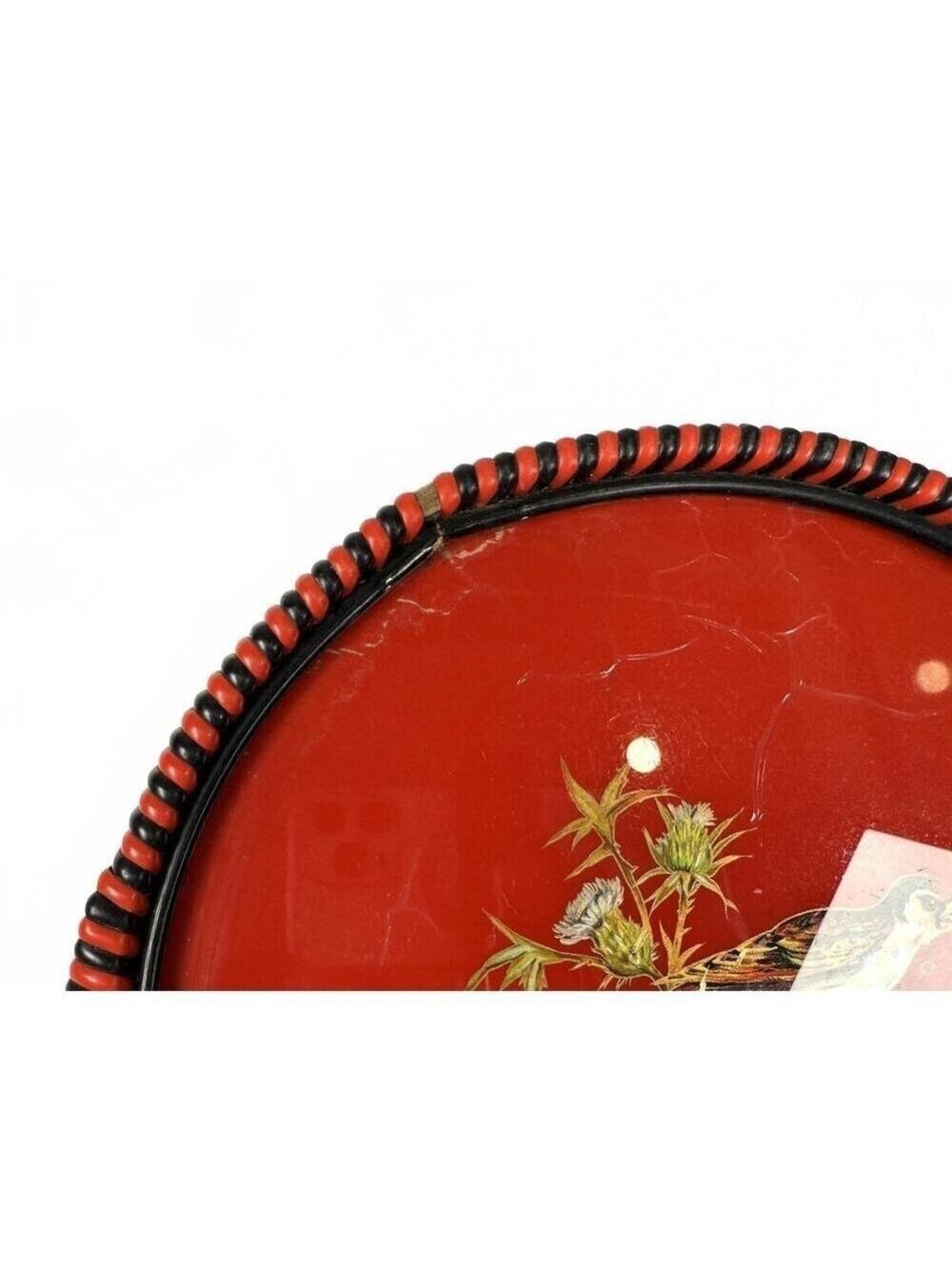 Vintage German US Zone Red Black Celluloid Goldfinch Bird Tray Bobbin Handle - Picture 7 of 13